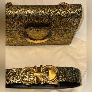 Salvatore Ferragamo Metallic Gold Clutch & matching belt sz 85 S/M